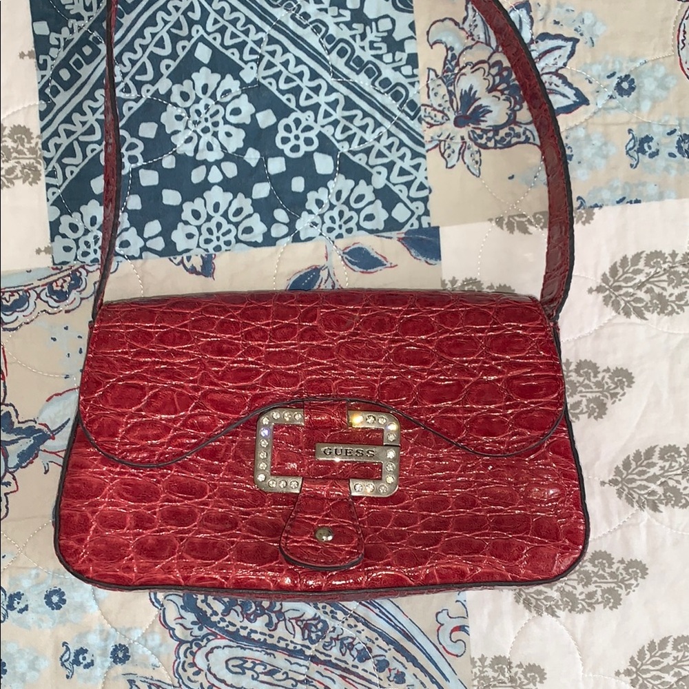 GUESS Red Croc-Embossed Shoulder Bag